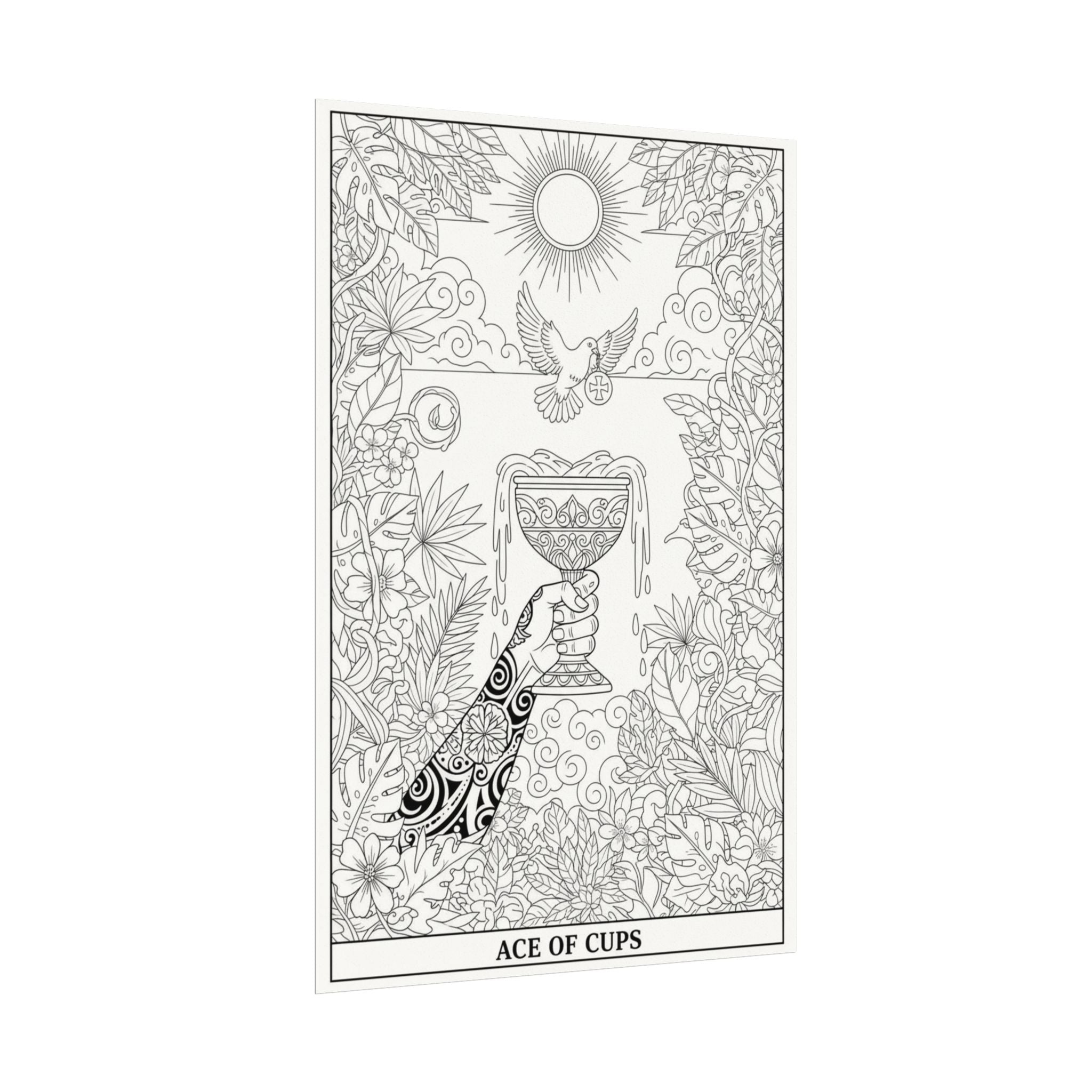 Ace of Cups Tarot Coloring Poster — Large Textured Watercolor Matte Wall Art (16x24, 24x36, 36x54)