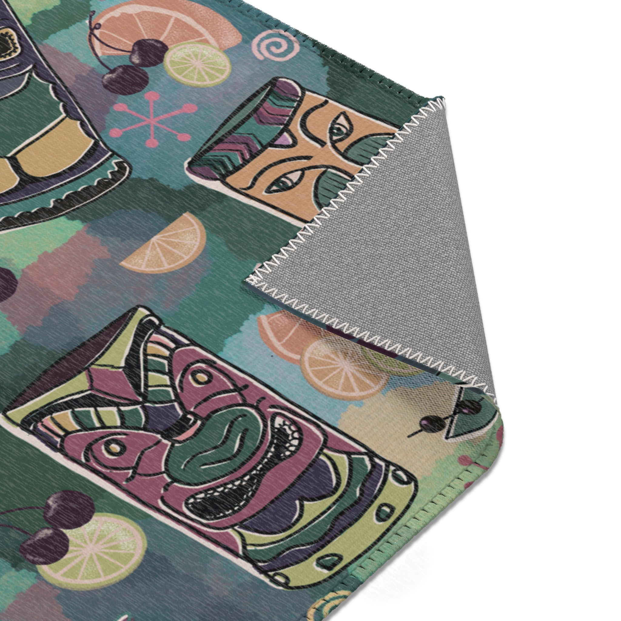 Kitschy Tiki in Pine Green Area Rug — Distressed Ornamental Accent Rug for Living Room, She-Sheds & Man Caves