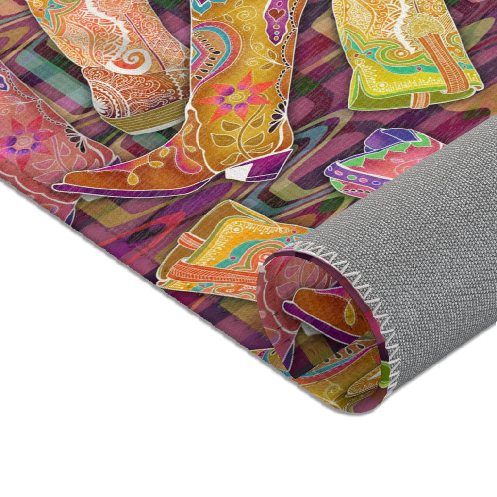 Lets Go Glamping Cowgirl Boots Area Rug — Distressed Ornamental Accent Rug for She Sheds, Bedrooms & Office