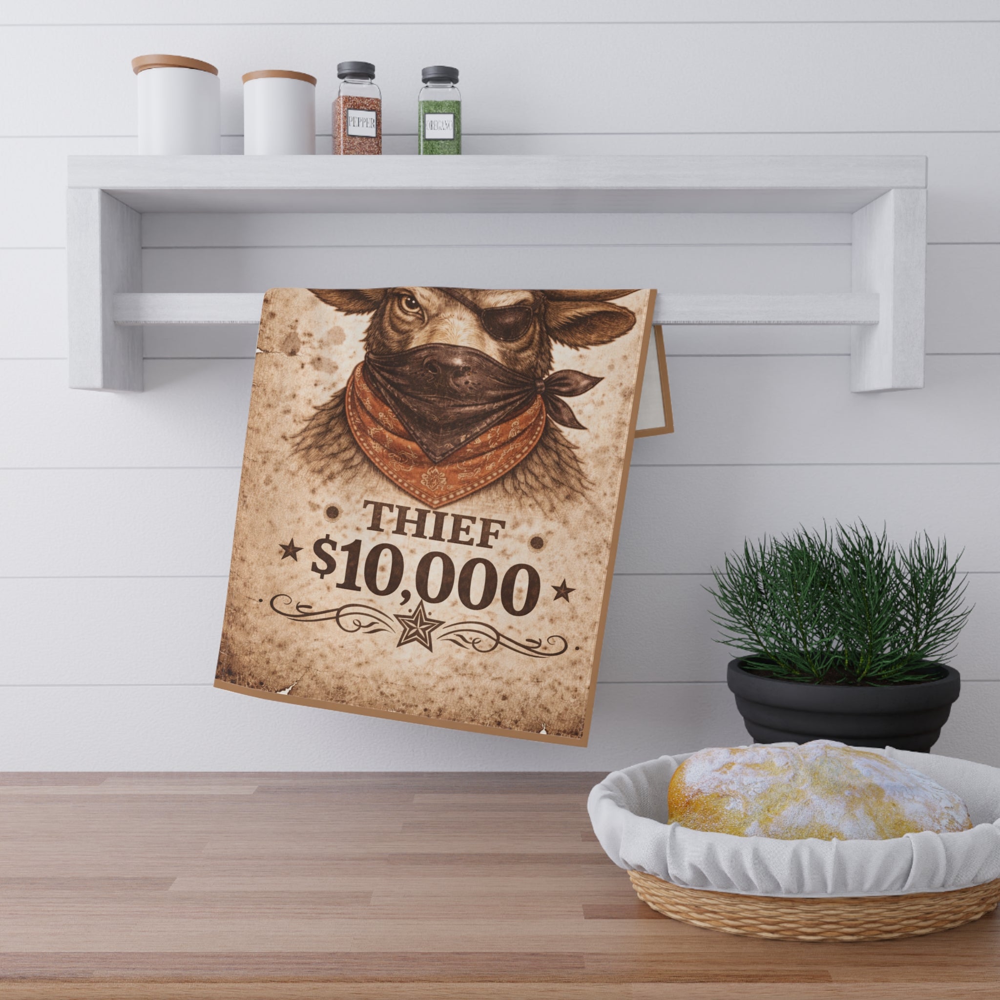 Retro Western Funny Bull Thief Farmhouse Tea Towel — Design by Leah Quinn©