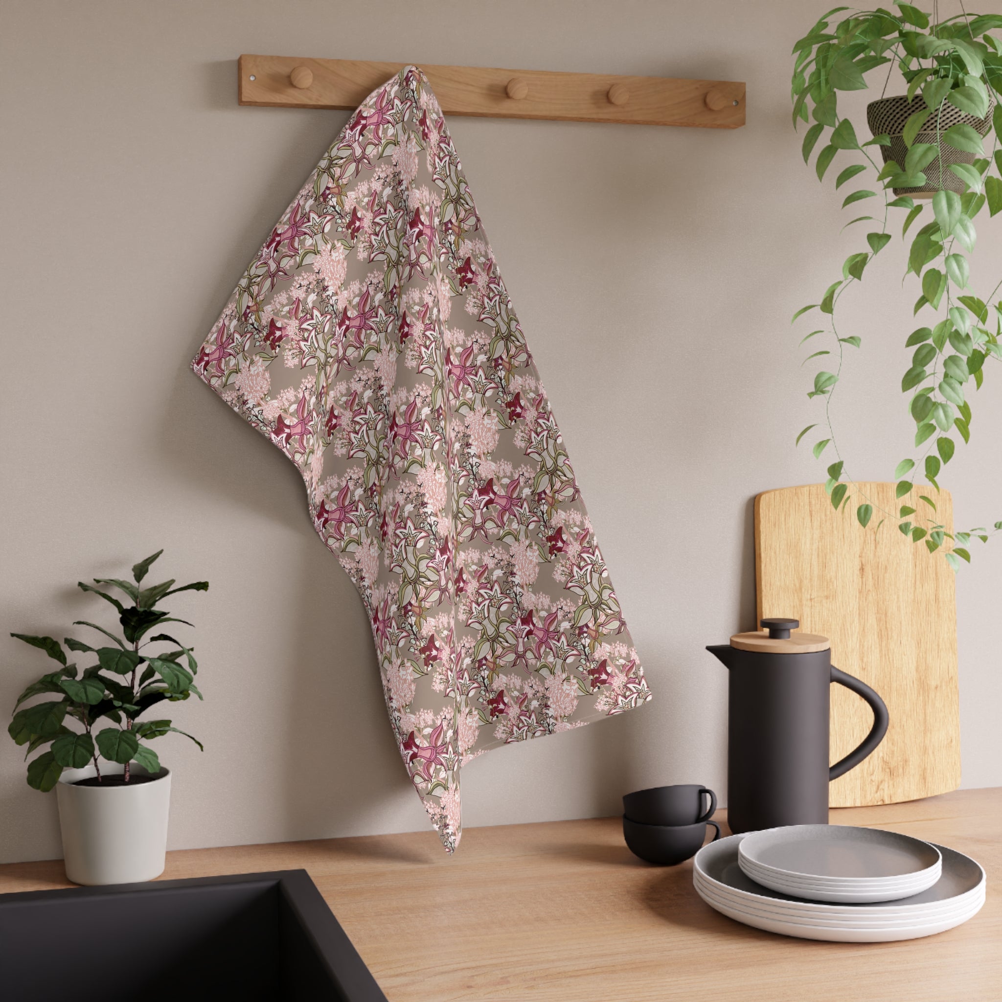 Vintage Wildflowers & Iris Blush Pink Kitchen Tea Towel