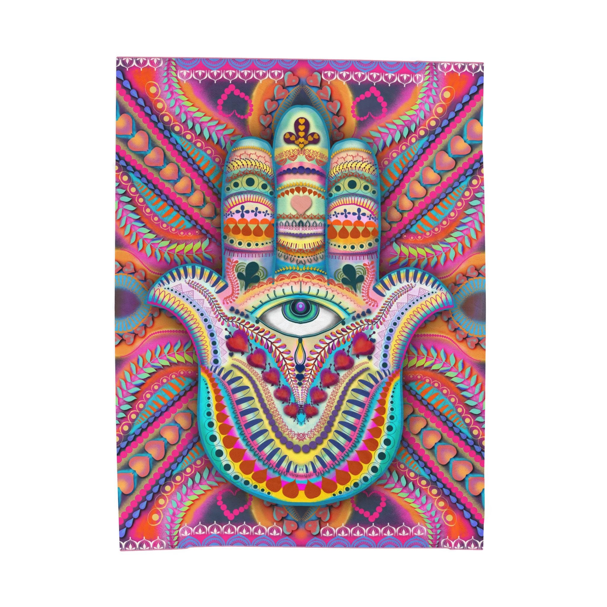 Hamsa Design Number 3 Minky Velveteen Blanket — Colorful Hamsa Eye Bohemian Plush Throw