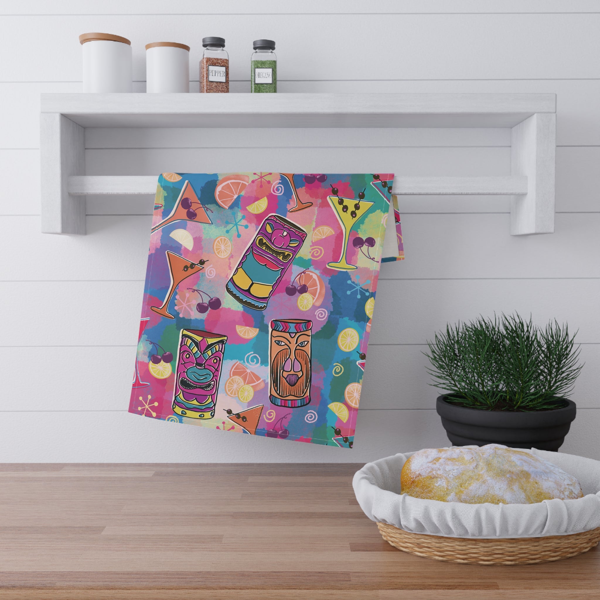 Kitschy Tiki Bar Tea Towel — Mid-Century in Multi Colors and Pinks Kitchen Dish Towel