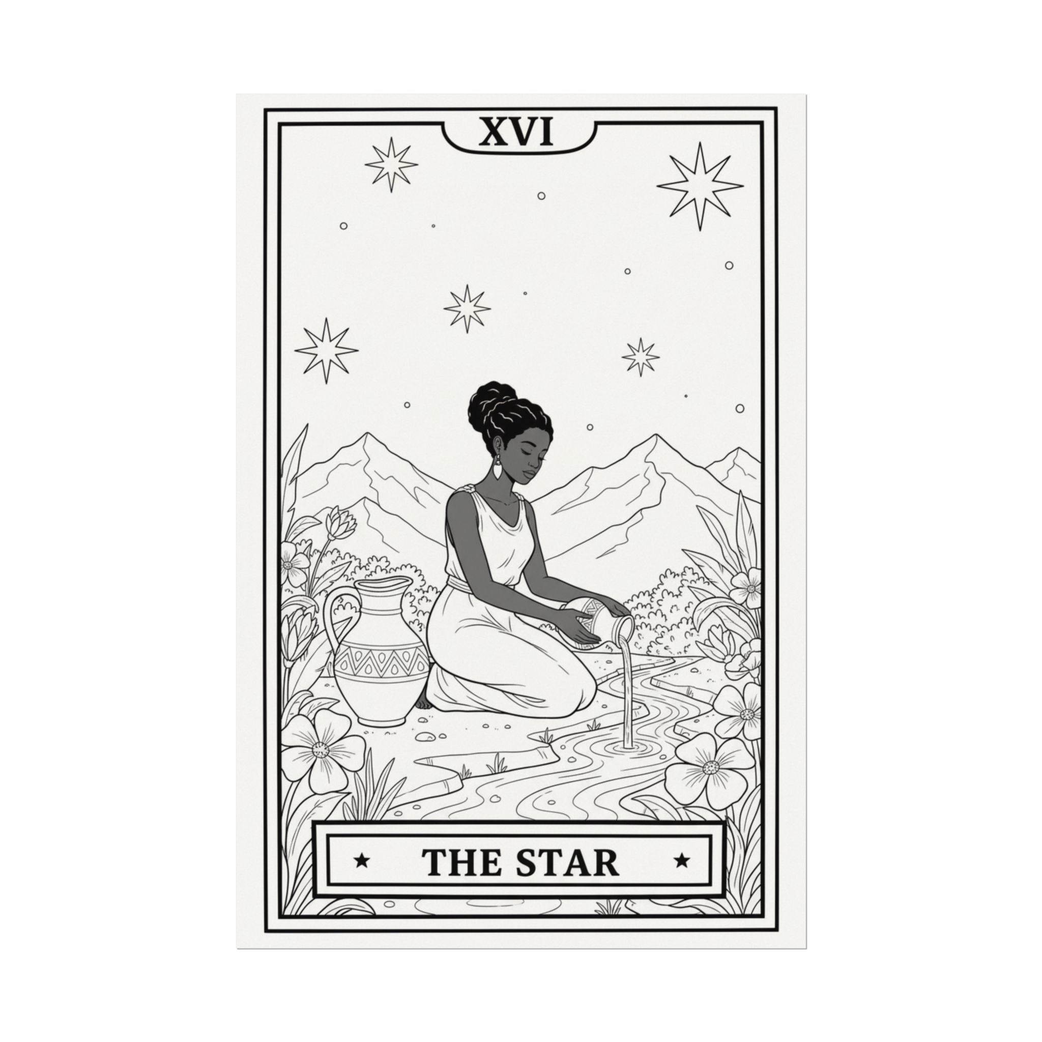 Star Tarot Card Coloring Poster — Textured Watercolor Matte Wall Art (Large)