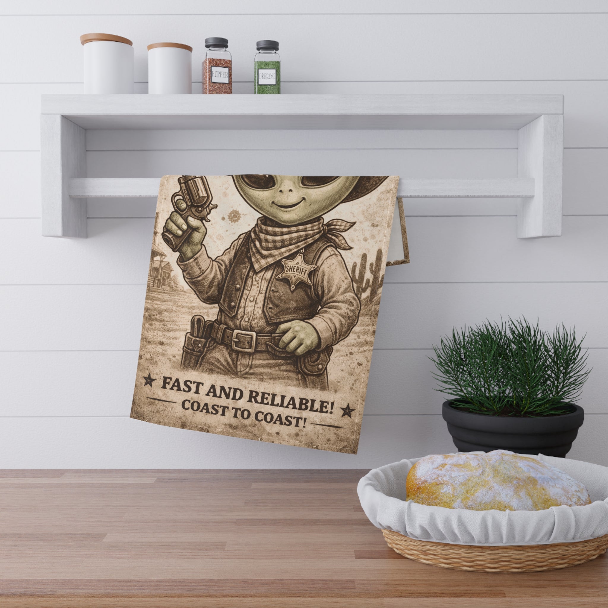 Retro Western Funny Area 51 Alien Sheriff Farmhouse Tea Towel — Design by Leah Quinn©