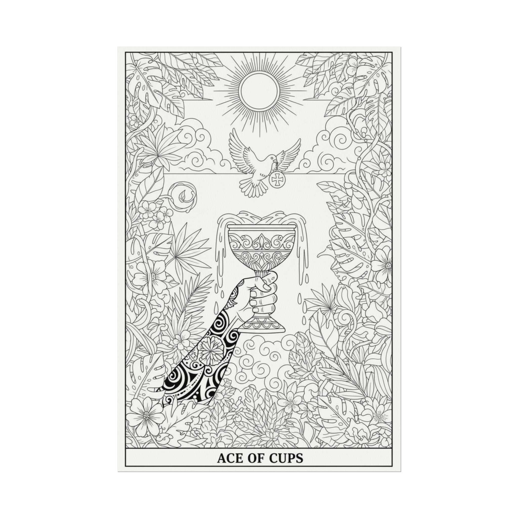 Ace of Cups Tarot Coloring Poster — Large Textured Watercolor Matte Wall Art (16x24, 24x36, 36x54)
