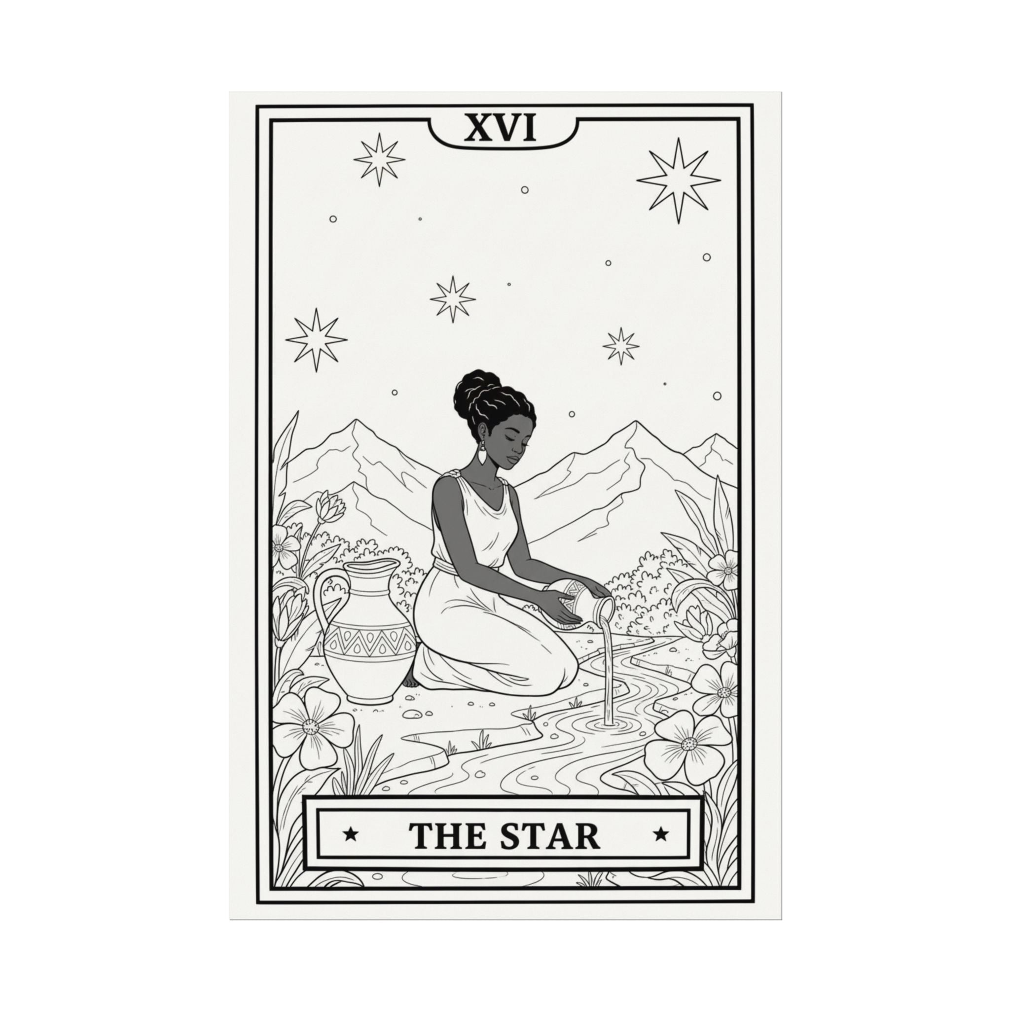 Star Tarot Card Coloring Poster — Textured Watercolor Matte Wall Art (Large)