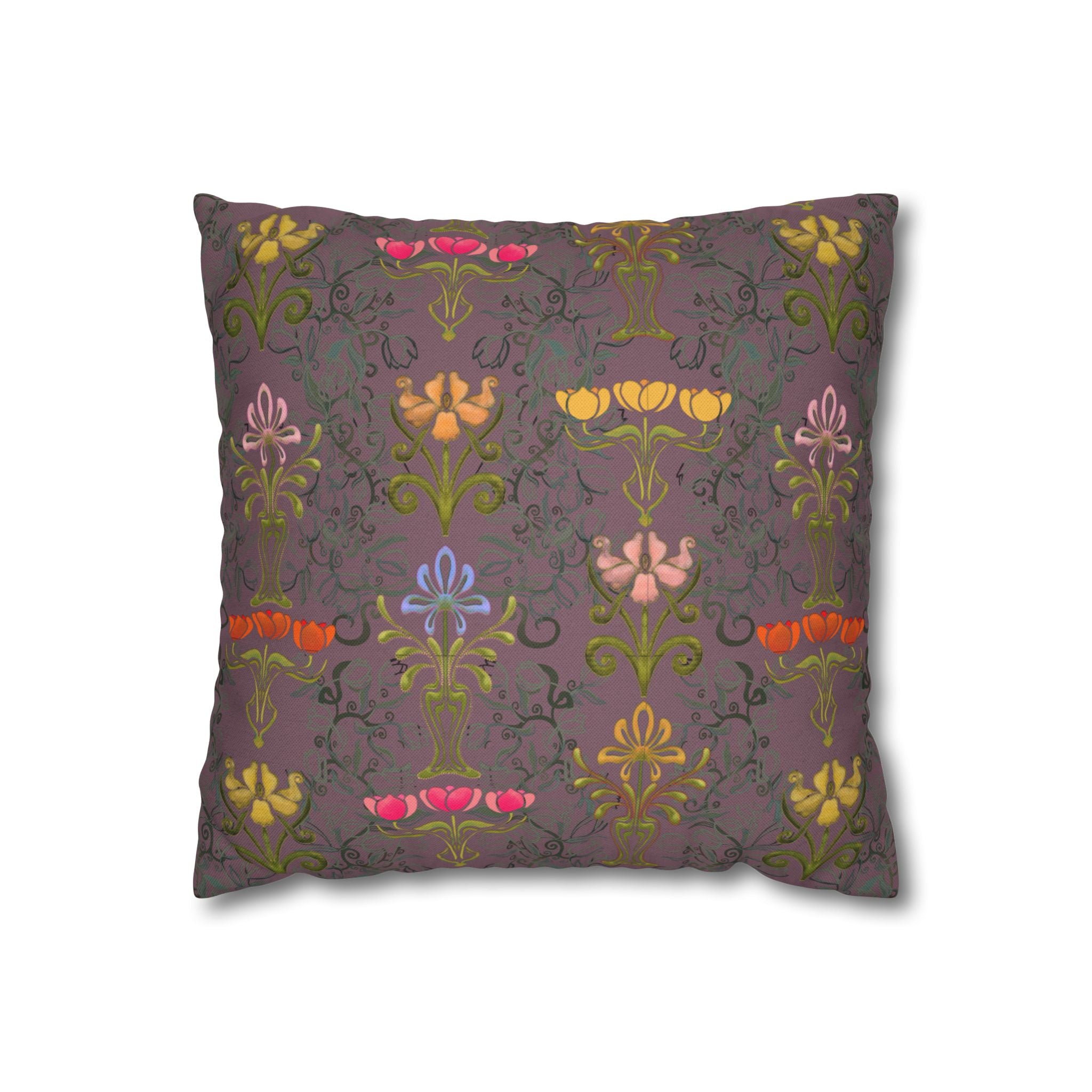 Ornate Floral Tulips in Earth Slate Decorative Square Pillowcase
