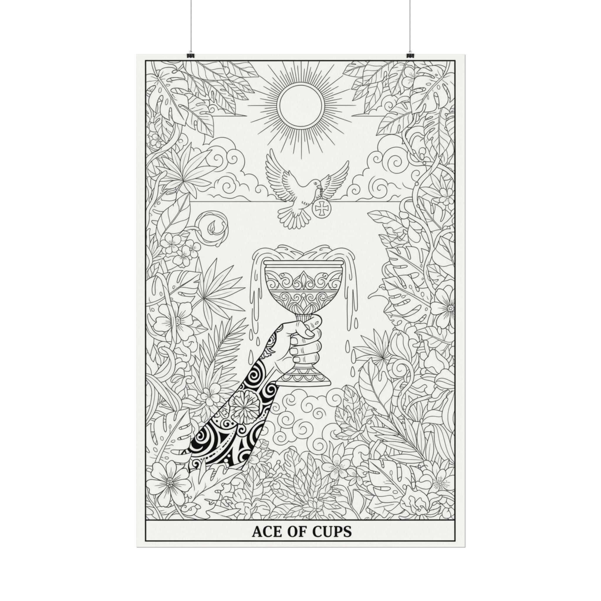 Ace of Cups Tarot Coloring Poster — Large Textured Watercolor Matte Wall Art (16x24, 24x36, 36x54)