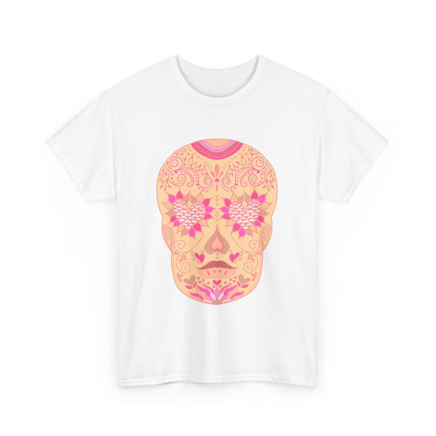 Vibrant Sugar Skull in Pink Tee, Unisex Heavy Cotton Tee, Day of the Dead Shirt, Halloween Fashion, Boho Style Top, Colorful Graphic Tee