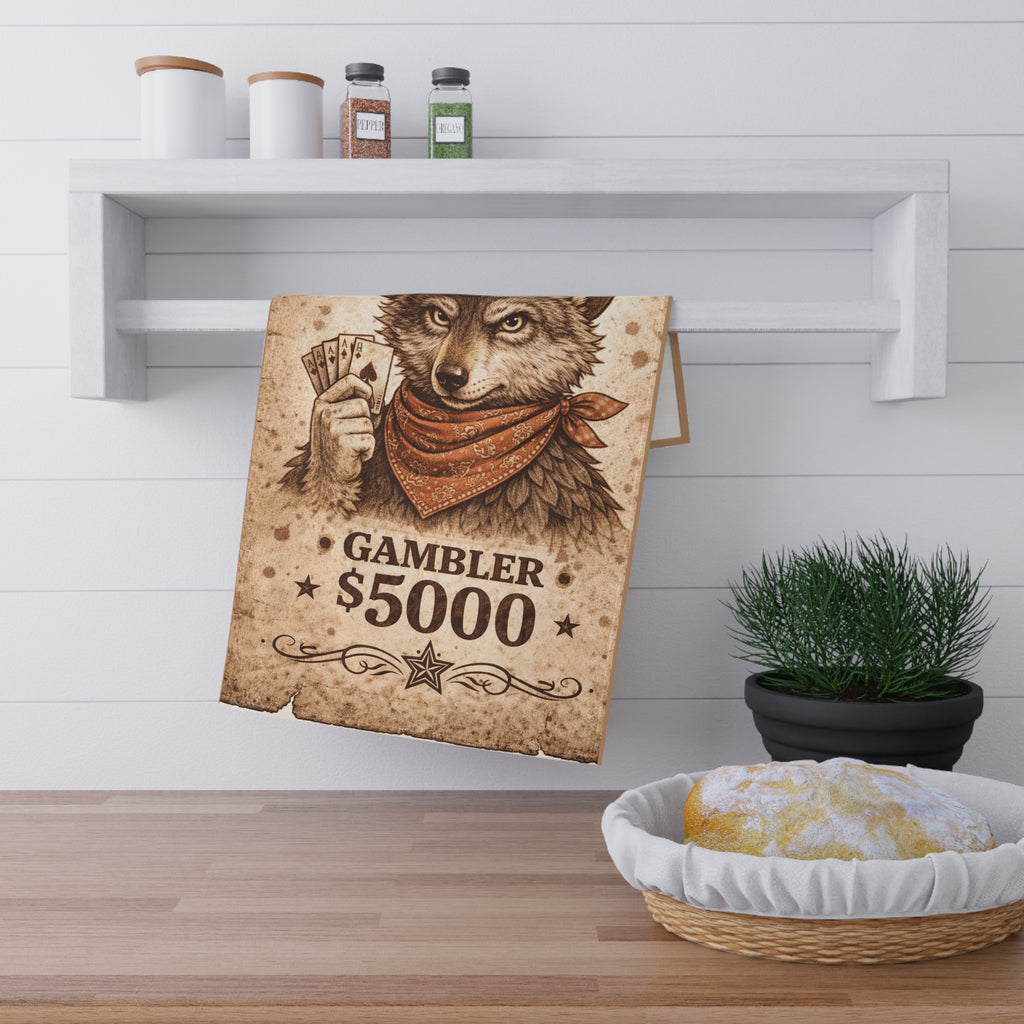 Retro Western Funny Wolf Gambler Farmhouse Tea Towel — Design by Leah Quinn©