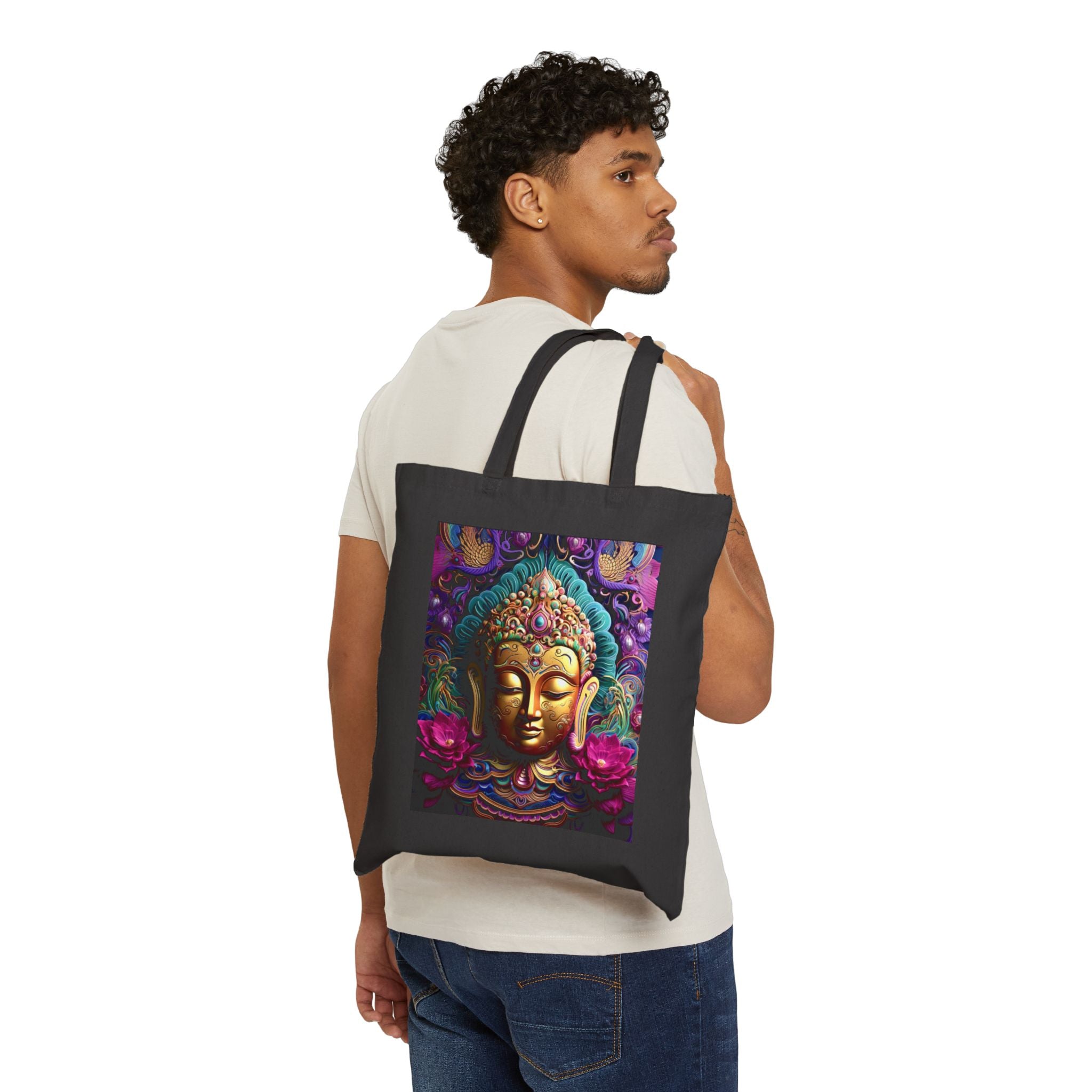 Buddha Canvas Tote Bag — Vibrant Golden Buddha Art Eco-Friendly Cotton Shopper