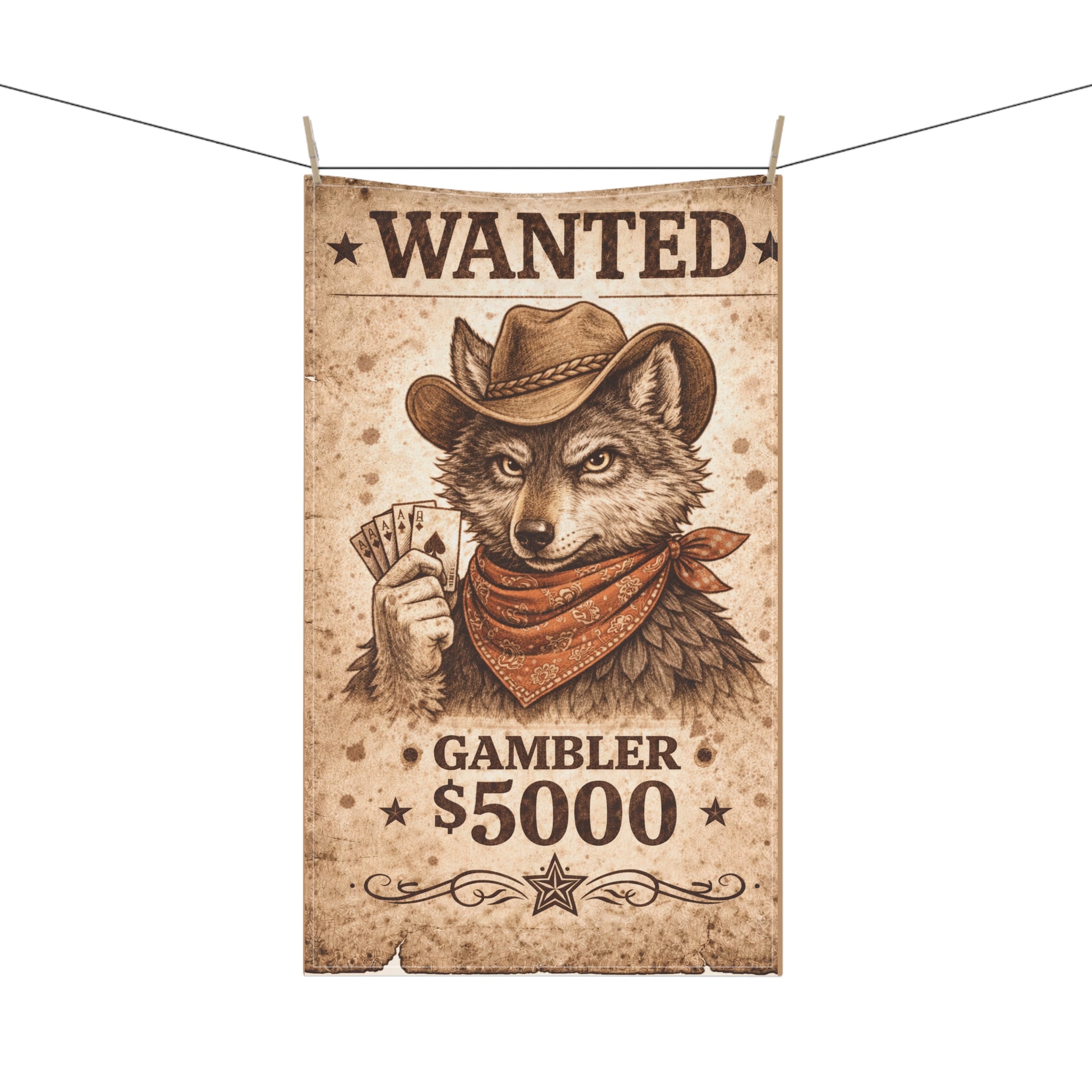 Retro Western Funny Wolf Gambler Farmhouse Tea Towel — Design by Leah Quinn©
