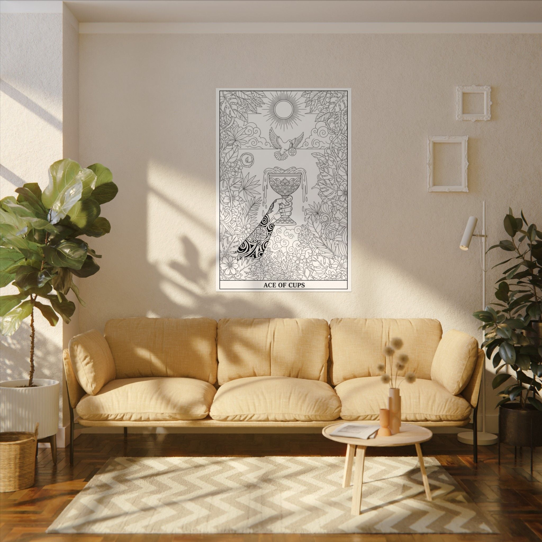 Ace of Cups Tarot Coloring Poster — Large Textured Watercolor Matte Wall Art (16x24, 24x36, 36x54)
