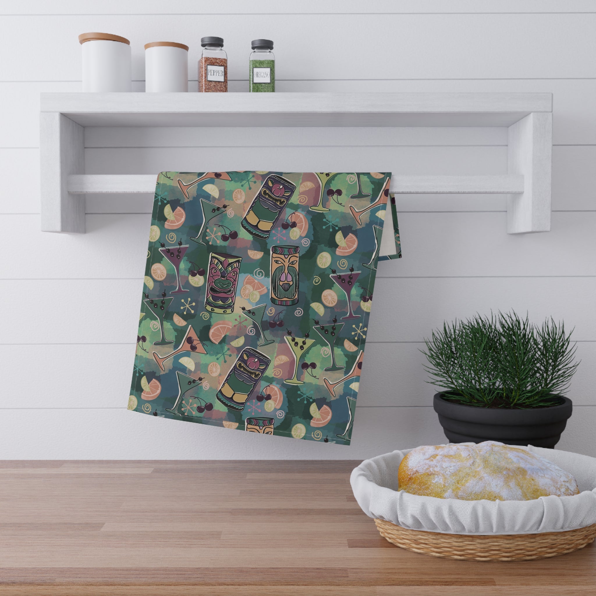 Kitschy Tiki Pine Green Kitchen Tea Towel