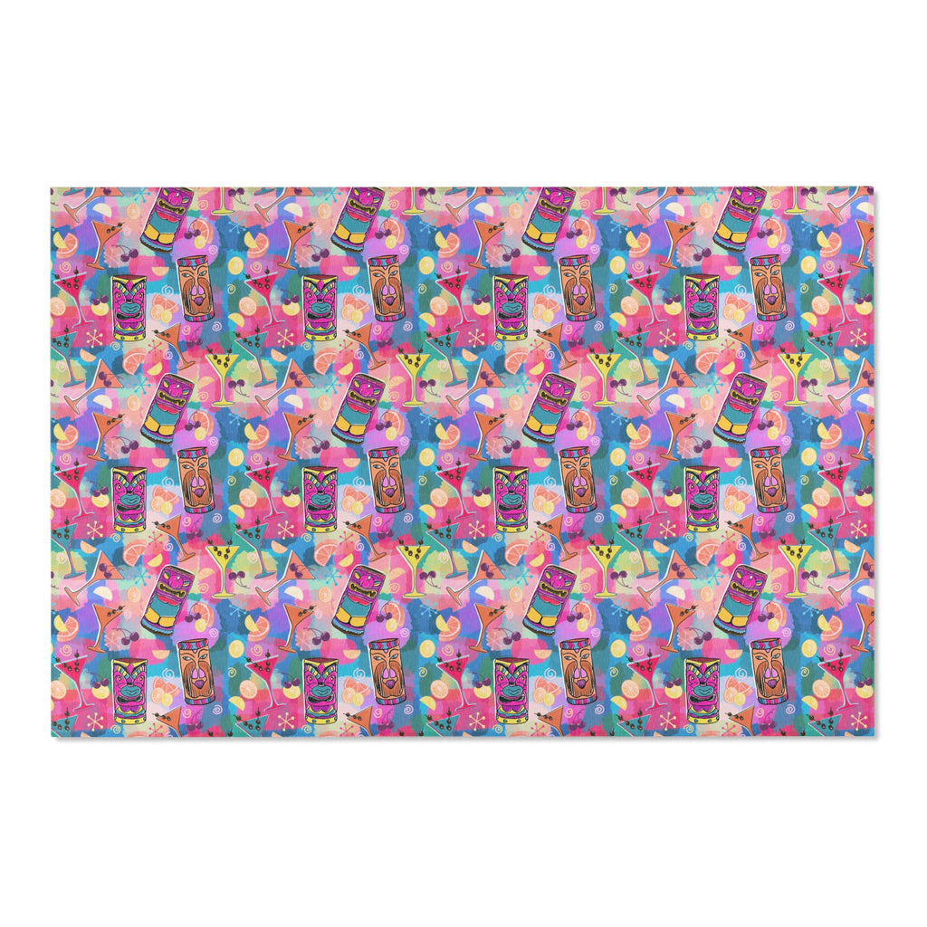 Kitschy Tiki Multicolor Pink Area Rug — Distressed Ornamental Accent Rug for Living Room, She-Sheds & Man Caves