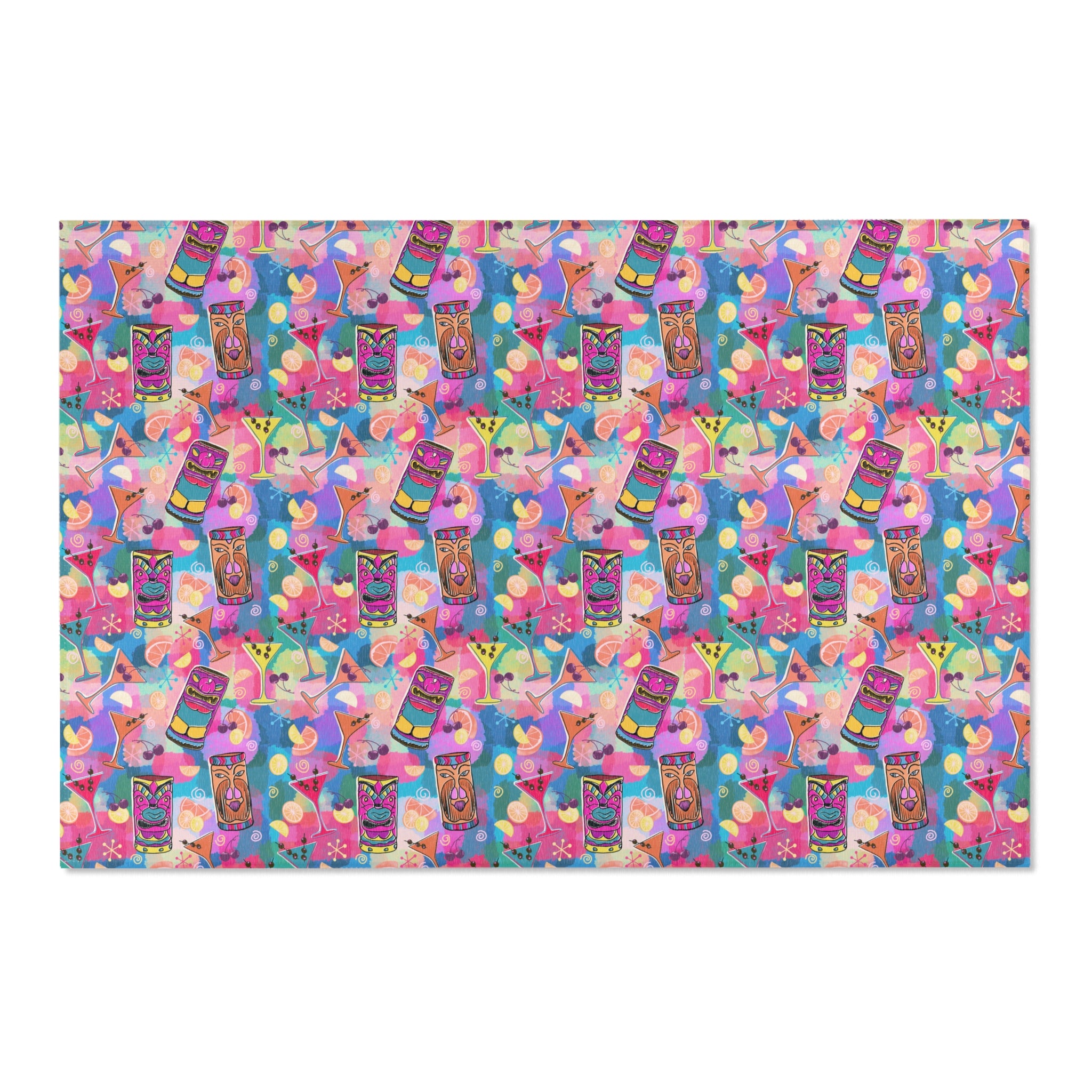 Kitschy Tiki Multicolor Pink Area Rug — Distressed Ornamental Accent Rug for Living Room, She-Sheds & Man Caves
