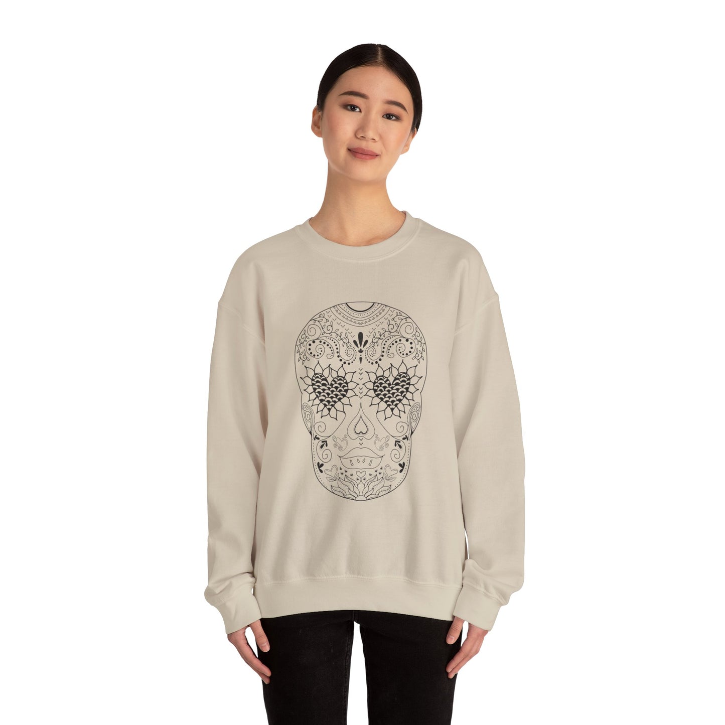 Skull Design Black line original art by Leah Quinn - Unisex Heavy Blend™ Crewneck Sweatshirt Sizes S-5X - Great gifts for the Season