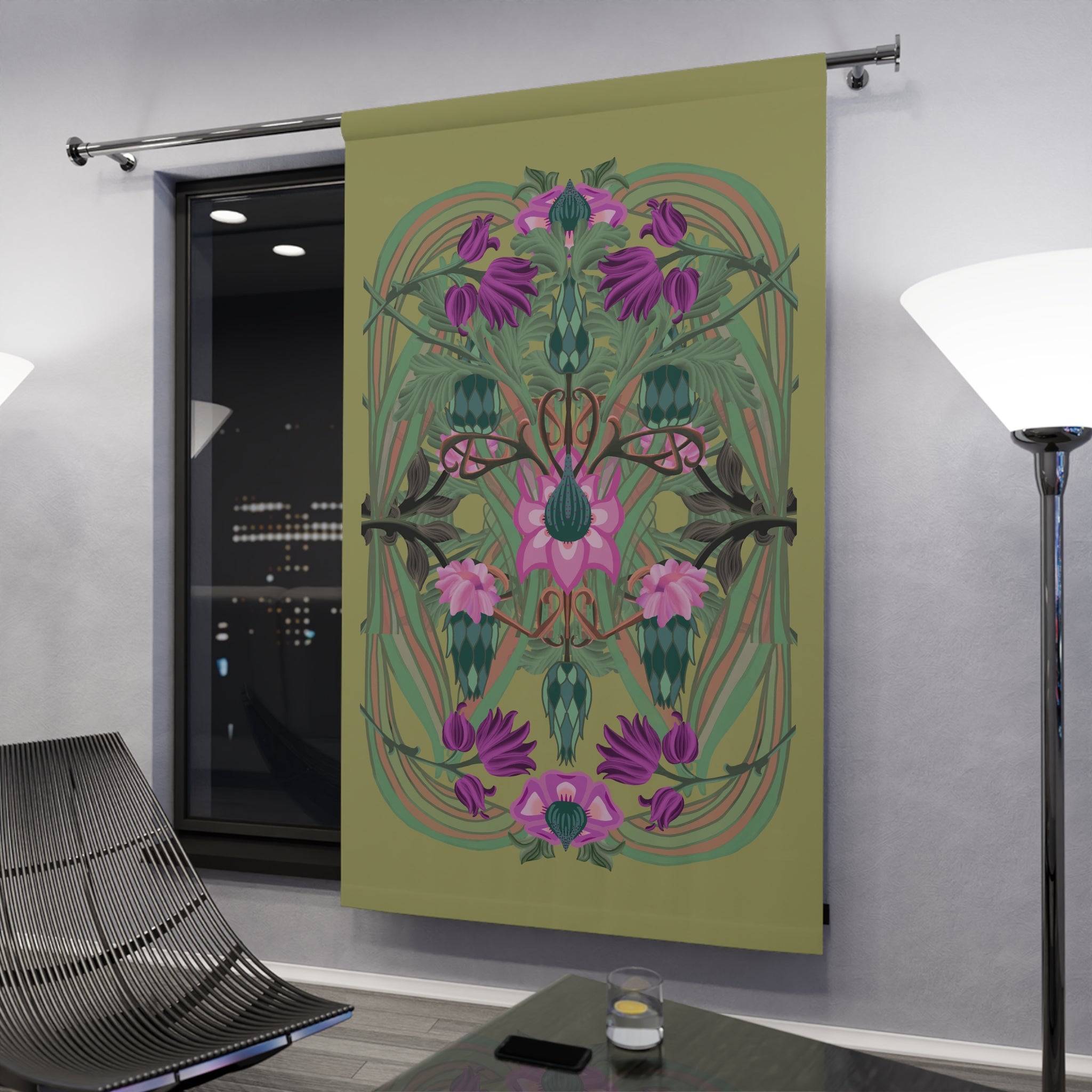 Boho Art Deco Olive Floral Blackout Curtain — Single 50x84" Panel
