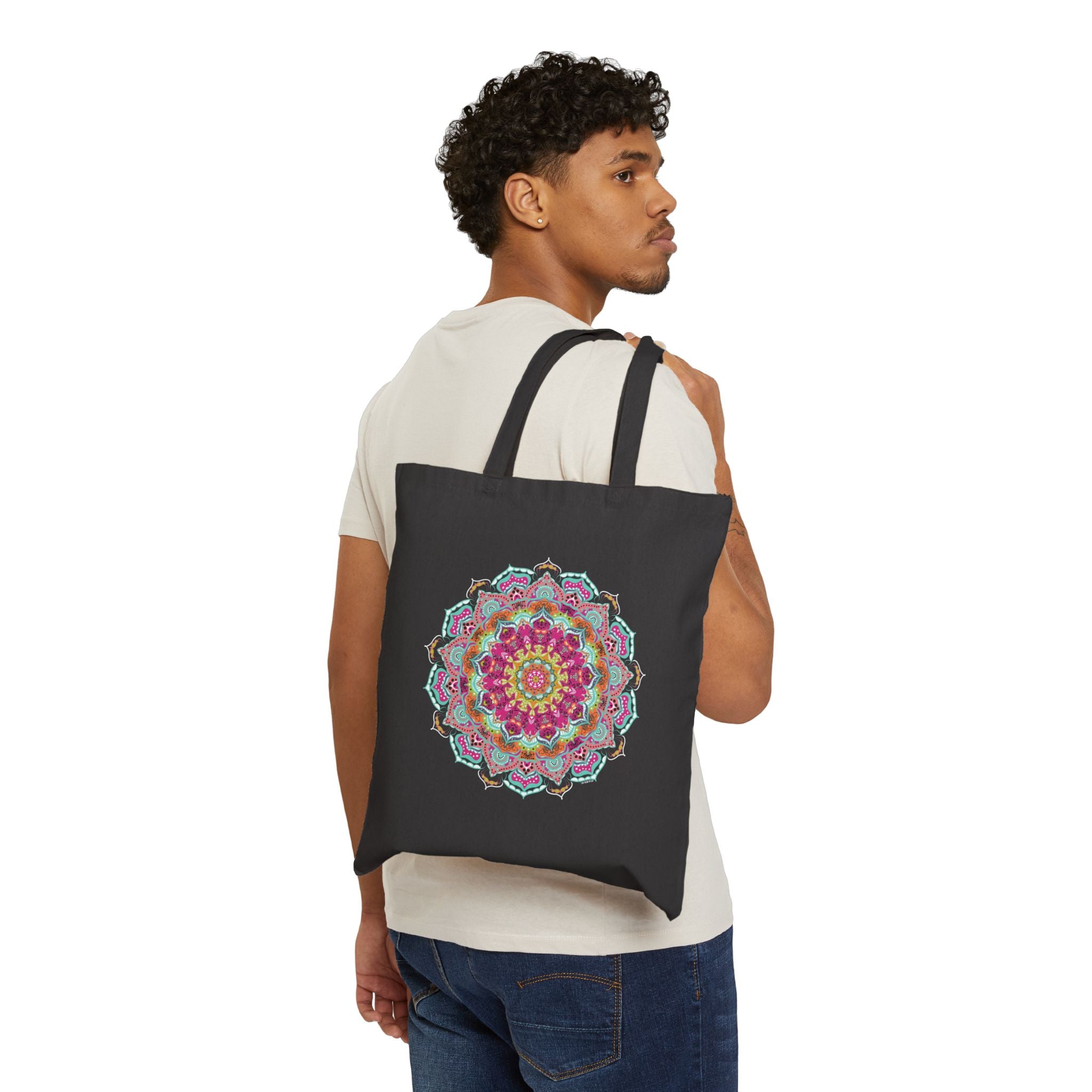 Turquoise & Pink Mandala Cotton Canvas Tote Bag — Vibrant Floral Shopper