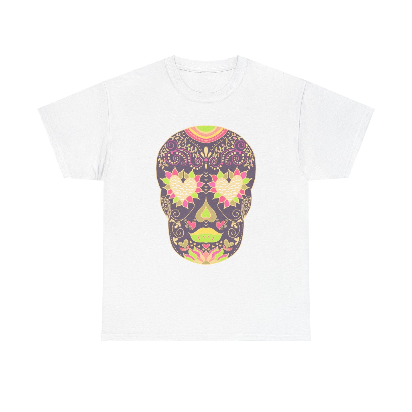 Vibrant Sugar Skull Tee, Unisex Heavy Cotton Tee, Day of the Dead Shirt, Halloween Fashion, Boho Style Top, Colorful Graphic Tee