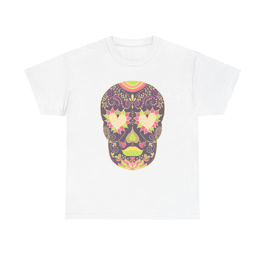 Vibrant Sugar Skull Tee, Unisex Heavy Cotton Tee, Day of the Dead Shirt, Halloween Fashion, Boho Style Top, Colorful Graphic Tee