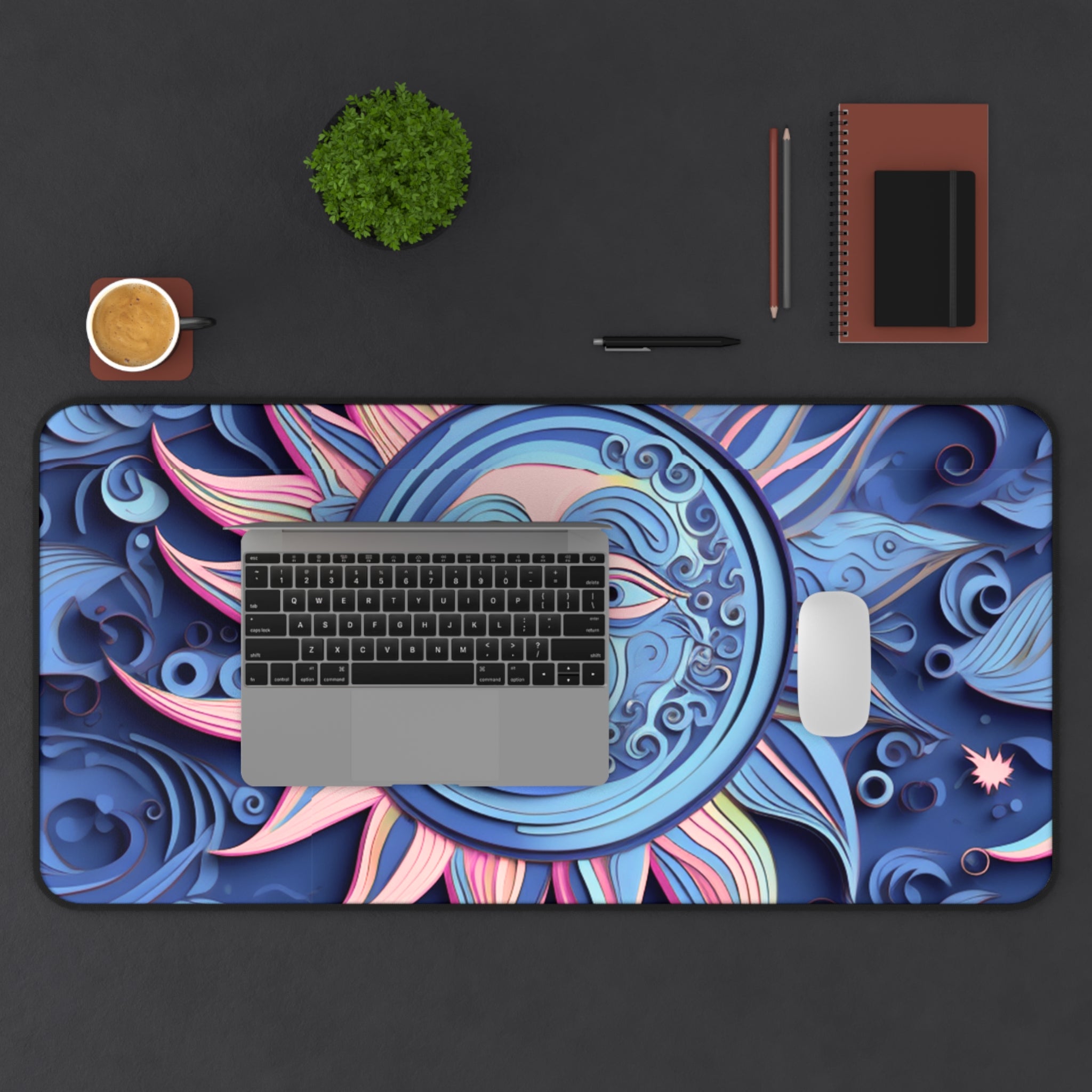 Boho Sun & Moon Sky Blues and Pink Desk Mat — Celestial Extra Large Mouse Pad-Desk Mat