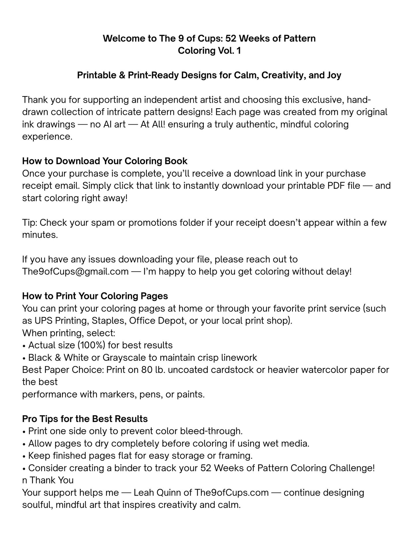 The 9 of Cups: 52 Weeks of Pattern Coloring Vol. 1 — Printable & Print-Ready Designs