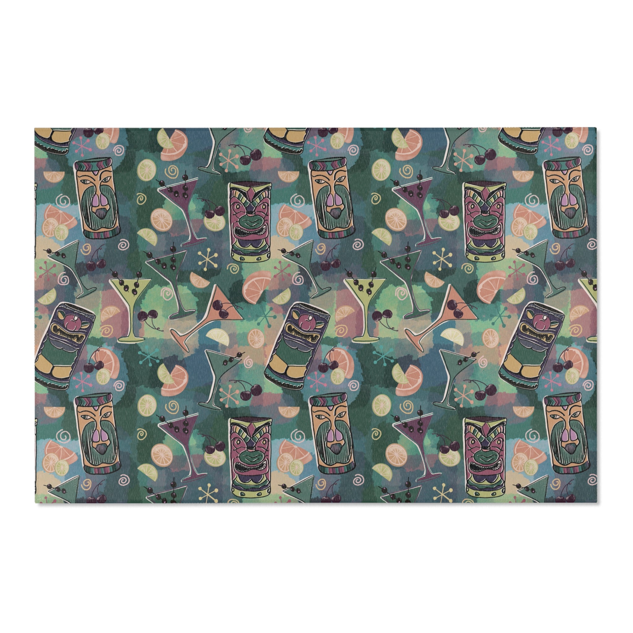 Kitschy Tiki in Pine Green Area Rug — Distressed Ornamental Accent Rug for Living Room, She-Sheds & Man Caves