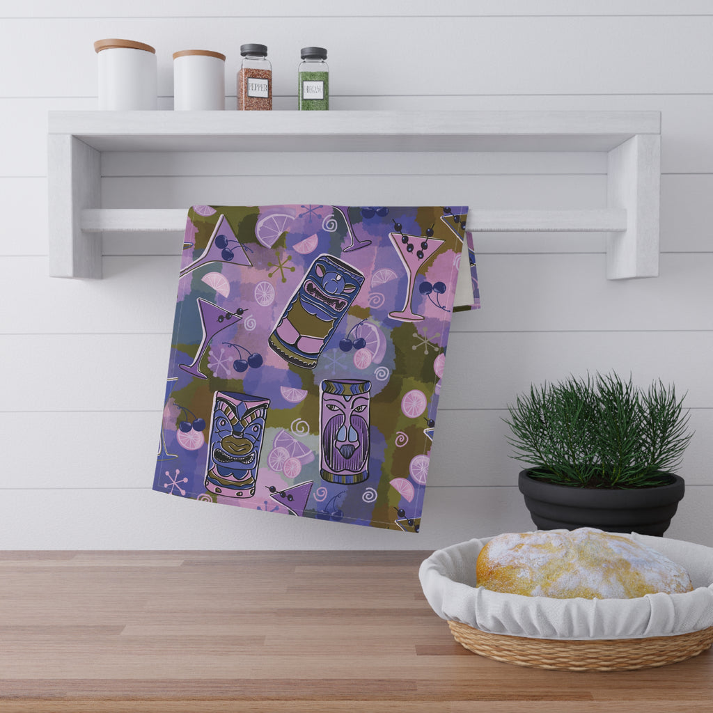Kitschy Tiki Bar Tea Towel — Mid-Century in Grape and Sage Kitchen Dish Towel