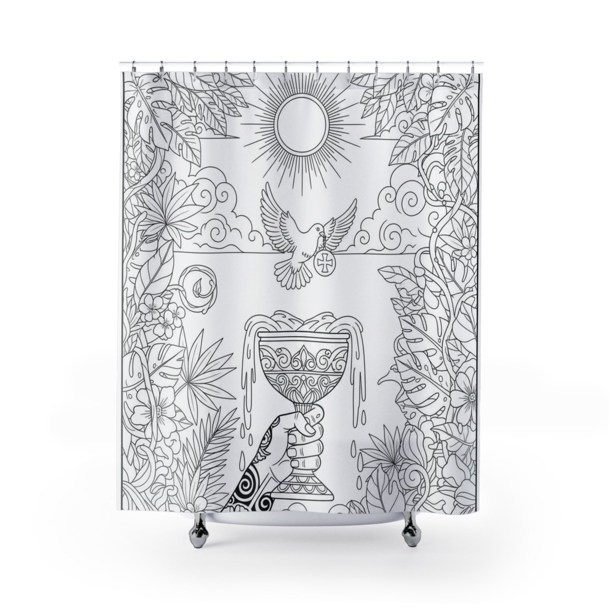 Ace of Cups Tarot-Style Chalice & Dove Shower Curtain — Boho Spiritual Color-Your-Own Shower Curtain