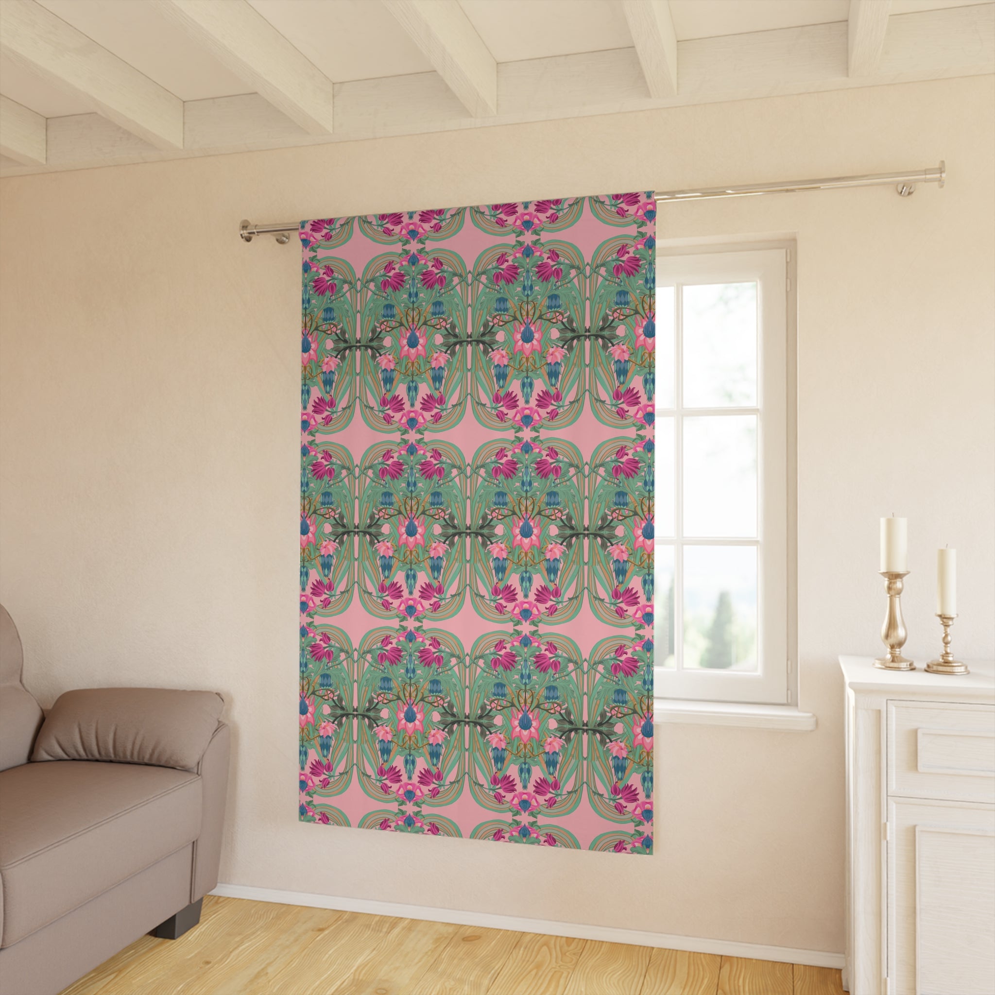 Boho Art Deco Floral Blackout Curtain — Antique Pink & Sage (50×84", Single Panel)