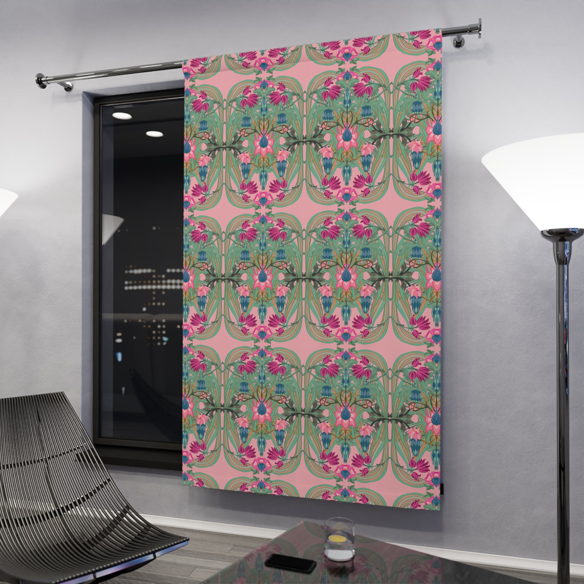 Boho Art Deco Floral Blackout Curtain — Antique Pink & Sage (50×84", Single Panel)