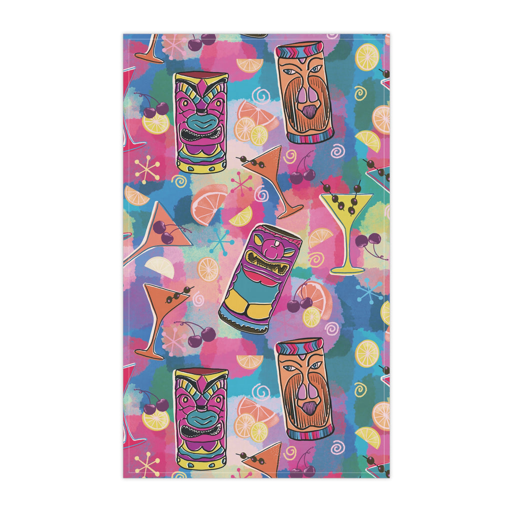Kitschy Tiki Bar Tea Towel — Mid-Century in Multi Colors and Pinks Kitchen Dish Towel
