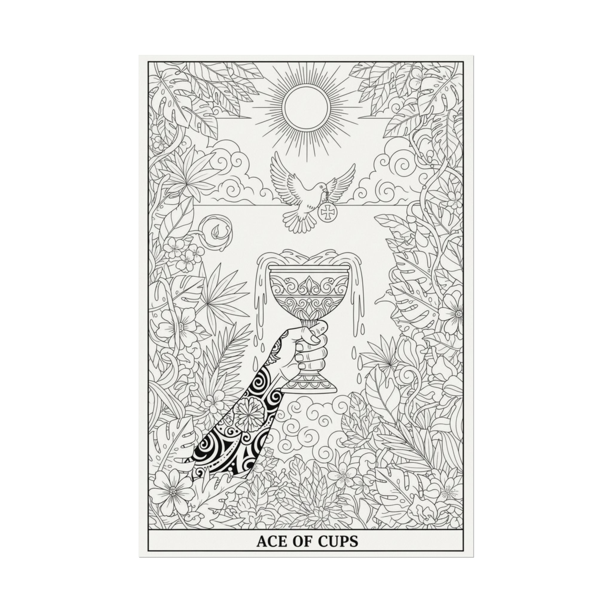Ace of Cups Tarot Coloring Poster — Large Textured Watercolor Matte Wall Art (16x24, 24x36, 36x54)