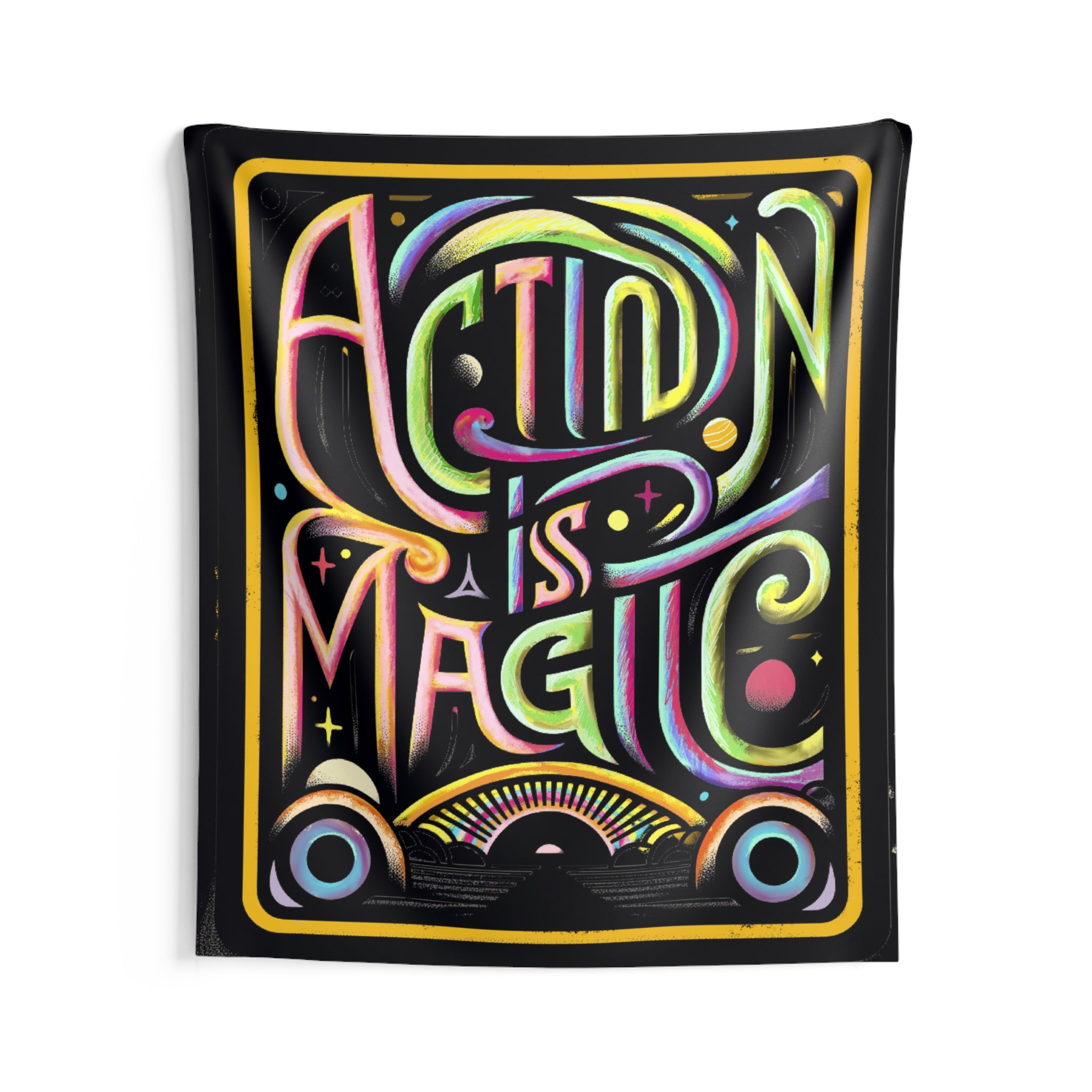Action Is Magic Blacklight Wall Tapestry — Motivational Bedroom & Reading Nook Decor