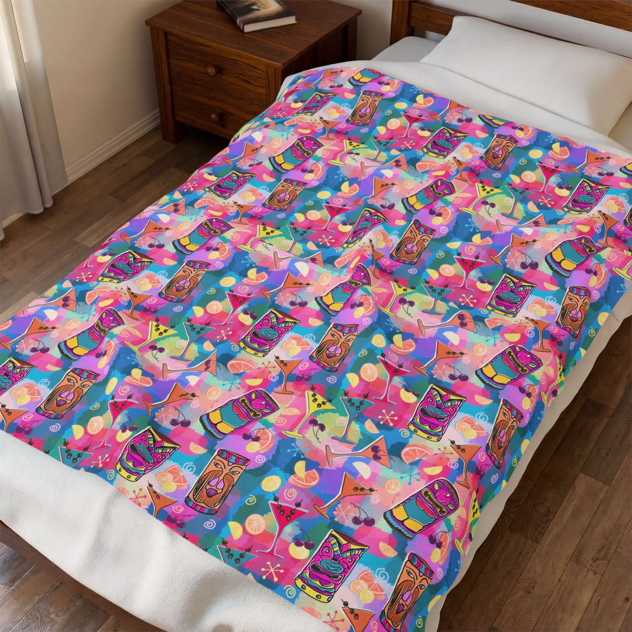 Kitschy Tiki in Multicolor Pink Minky Velveteen Blanket — Colorful Bohemian Plush Throw