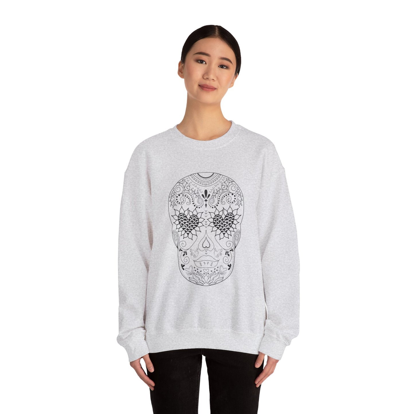 Skull Design Black line original art by Leah Quinn - Unisex Heavy Blend™ Crewneck Sweatshirt Sizes S-5X - Great gifts for the Season