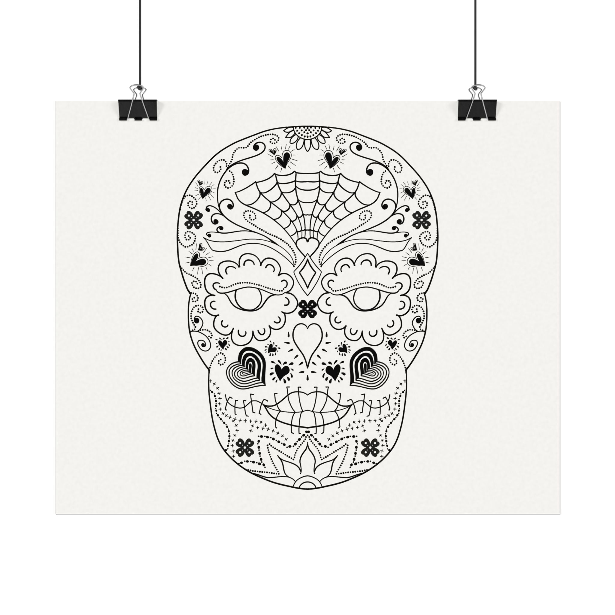 Sugar Skull Line Art Poster — Textured Watercolor Matte Print