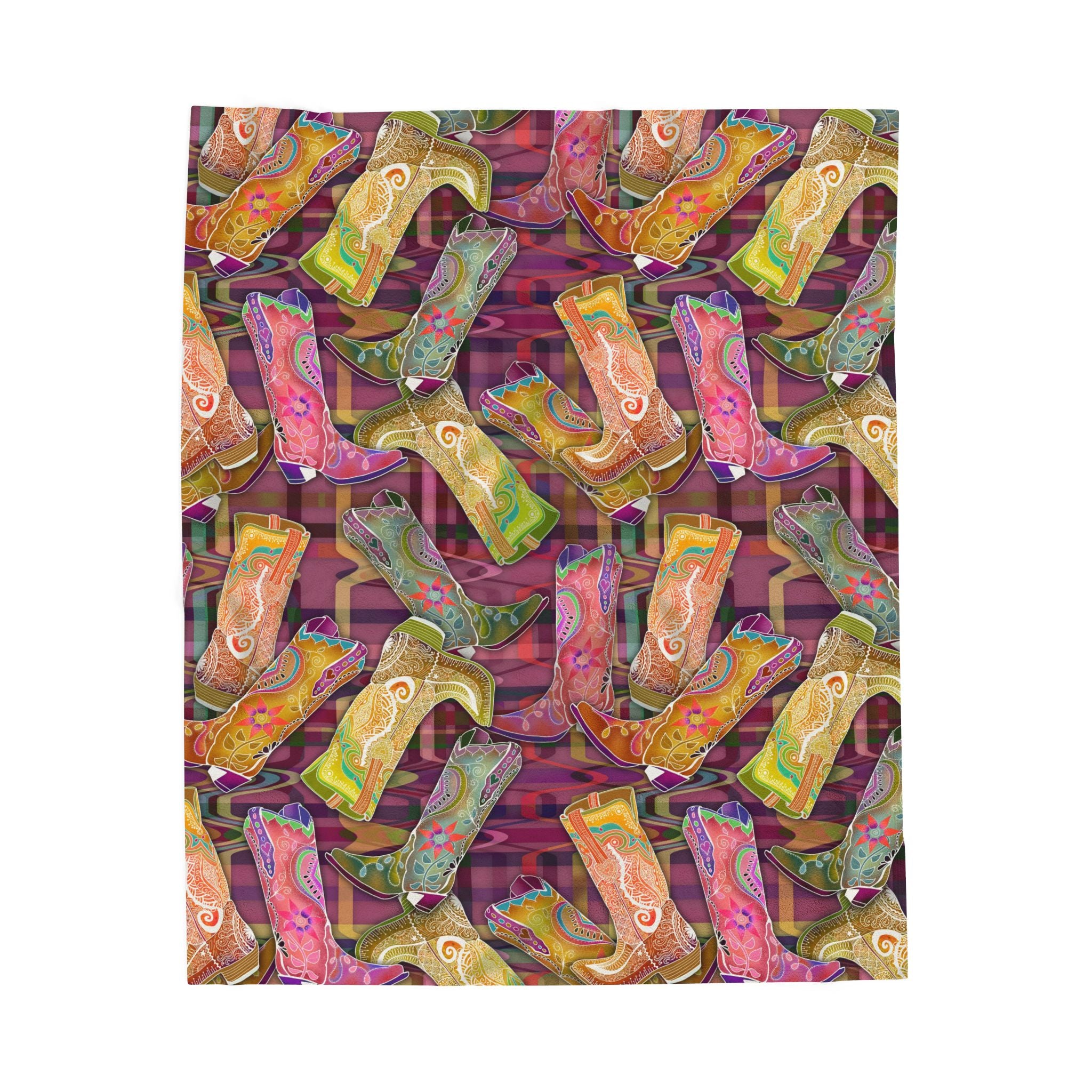 Lets Go Glamping Velveteen Plush Blanket — Multicolor Cowgirl Boots Boho Throw