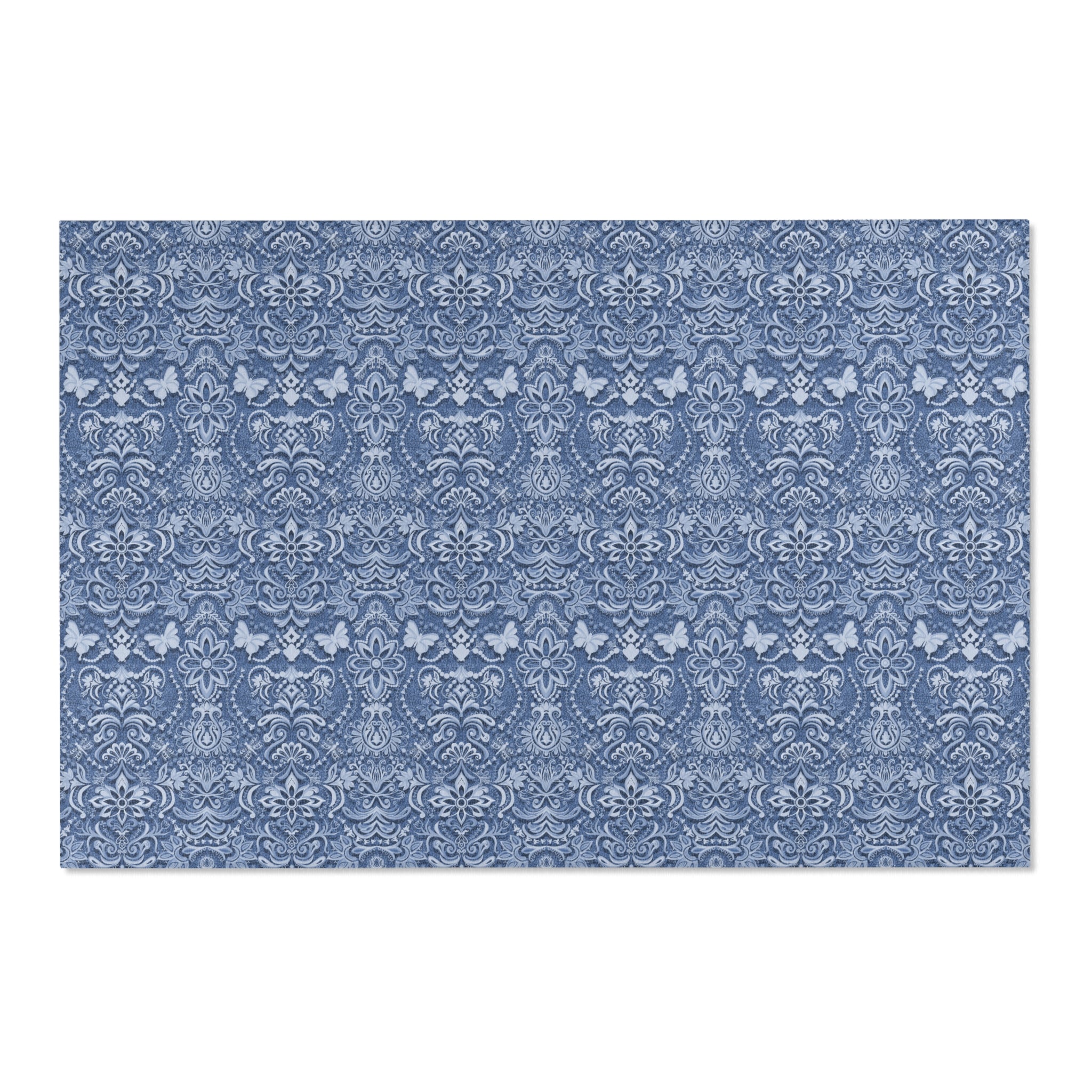 Vintage Brocade Blue Floral Butterfly Area Rug — Distressed Ornamental Accent Rug for Living Room & Bedroom