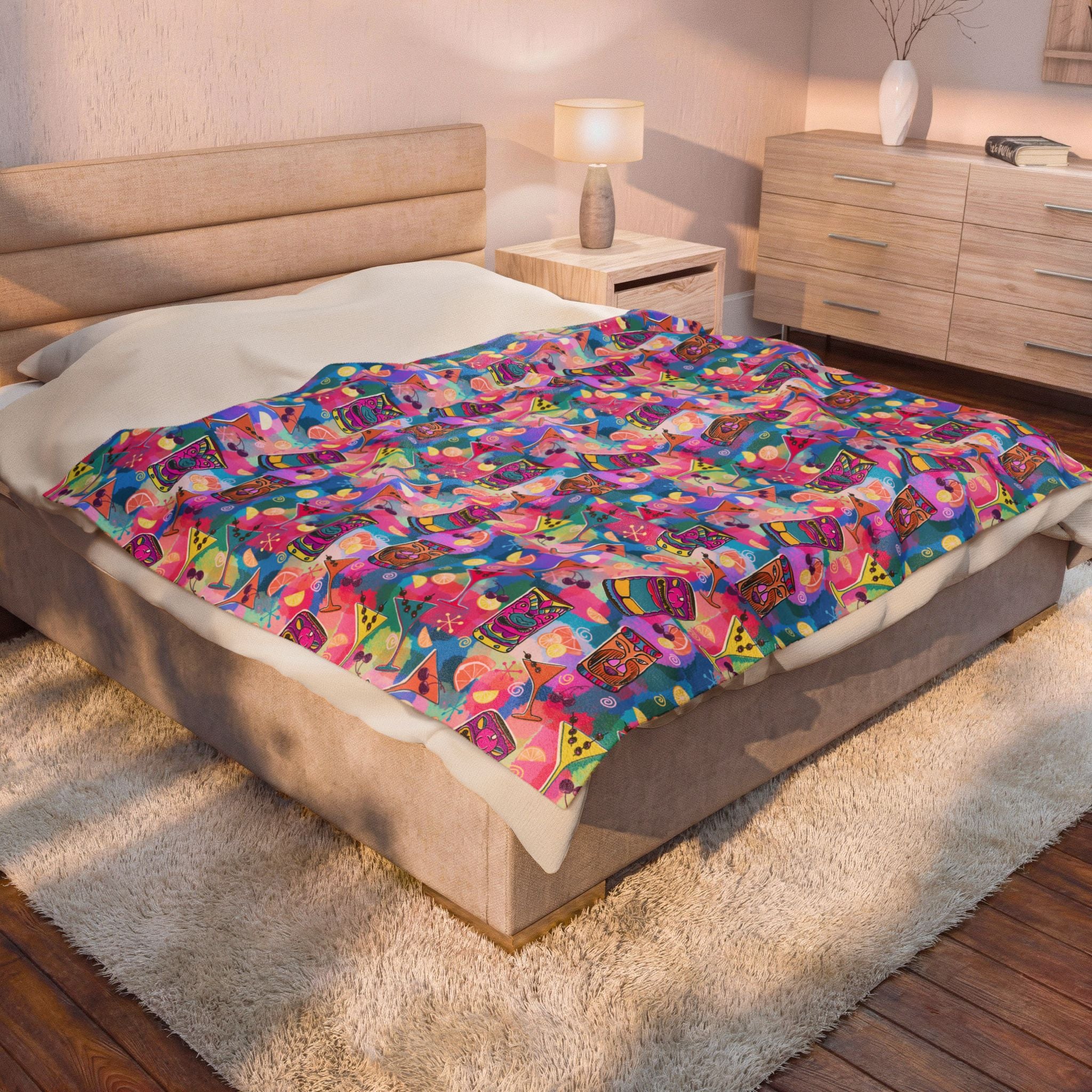 Kitschy Tiki in Multicolor Pink Minky Velveteen Blanket — Colorful Bohemian Plush Throw