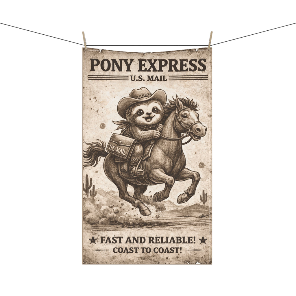 Retro Western Funny Sloth Pony Express Farmhouse Tea Towel — Design by Leah Quinn©