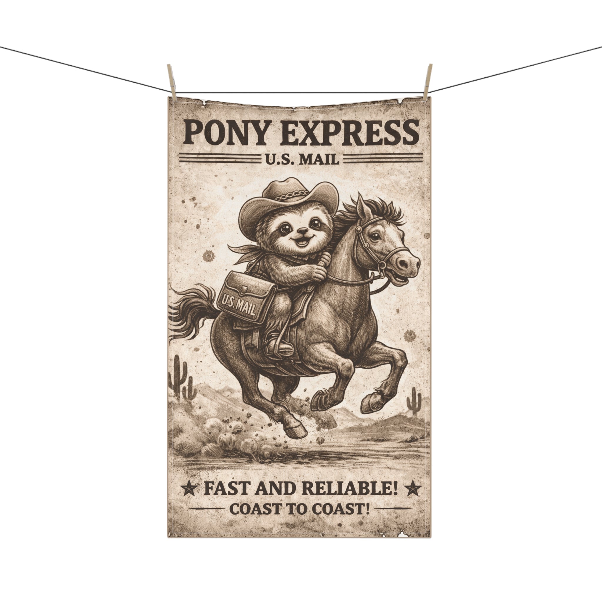 Retro Western Funny Sloth Pony Express Farmhouse Tea Towel — Design by Leah Quinn©
