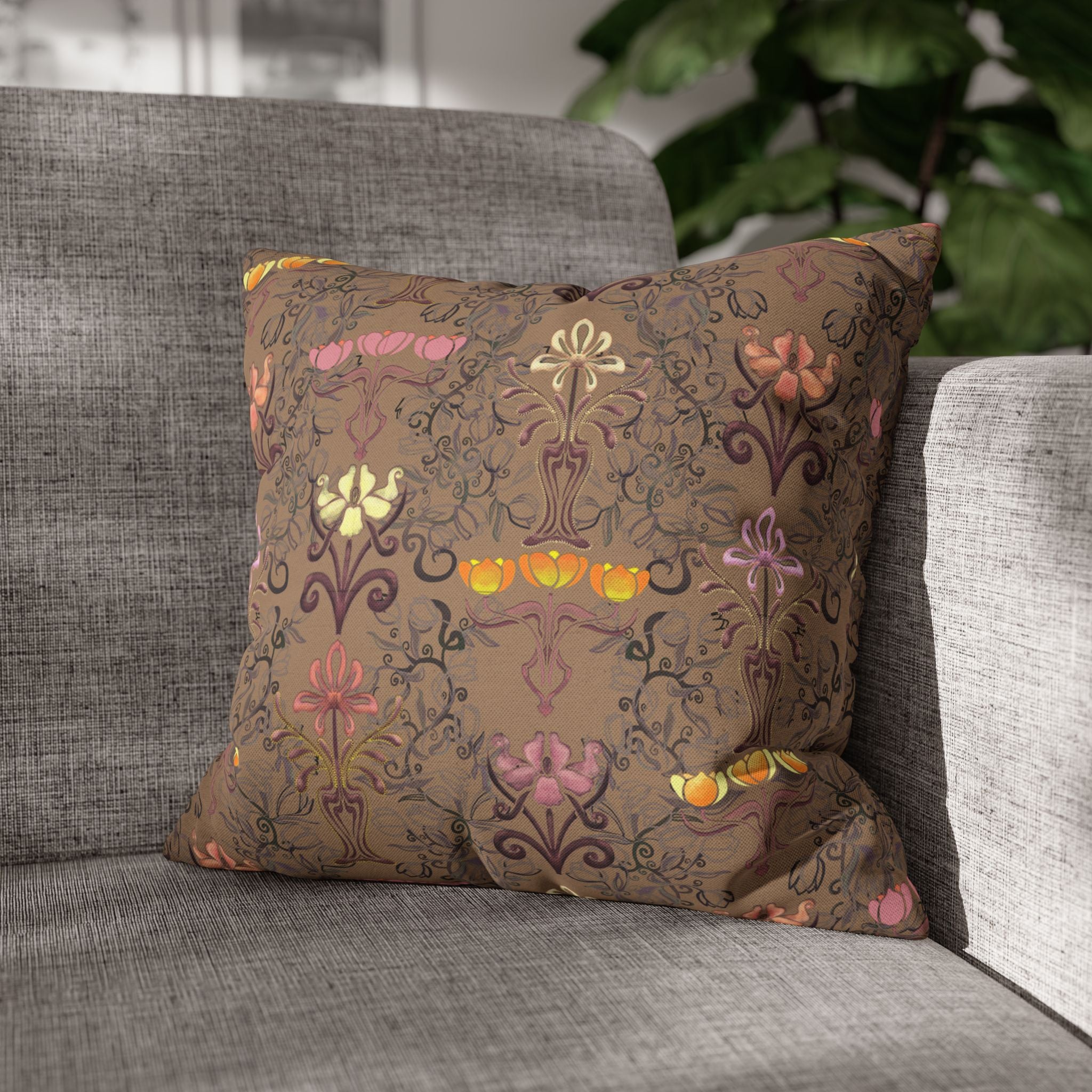 Warm Yellow Ornate Floral Tulips Decorative Square Pillowcase