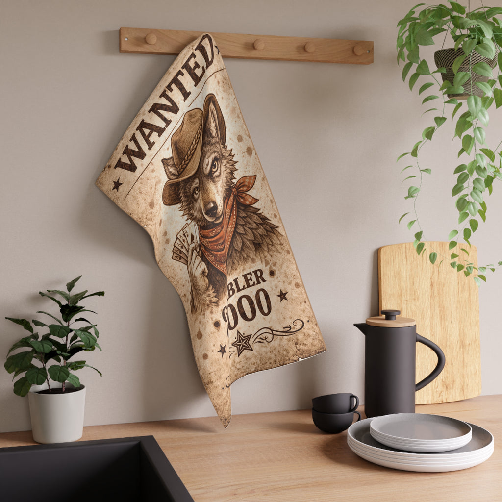 Retro Western Funny Wolf Gambler Farmhouse Tea Towel — Design by Leah Quinn©