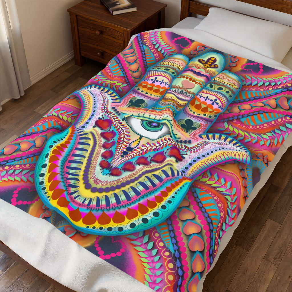 Hamsa Design Number 3 Minky Velveteen Blanket — Colorful Hamsa Eye Bohemian Plush Throw