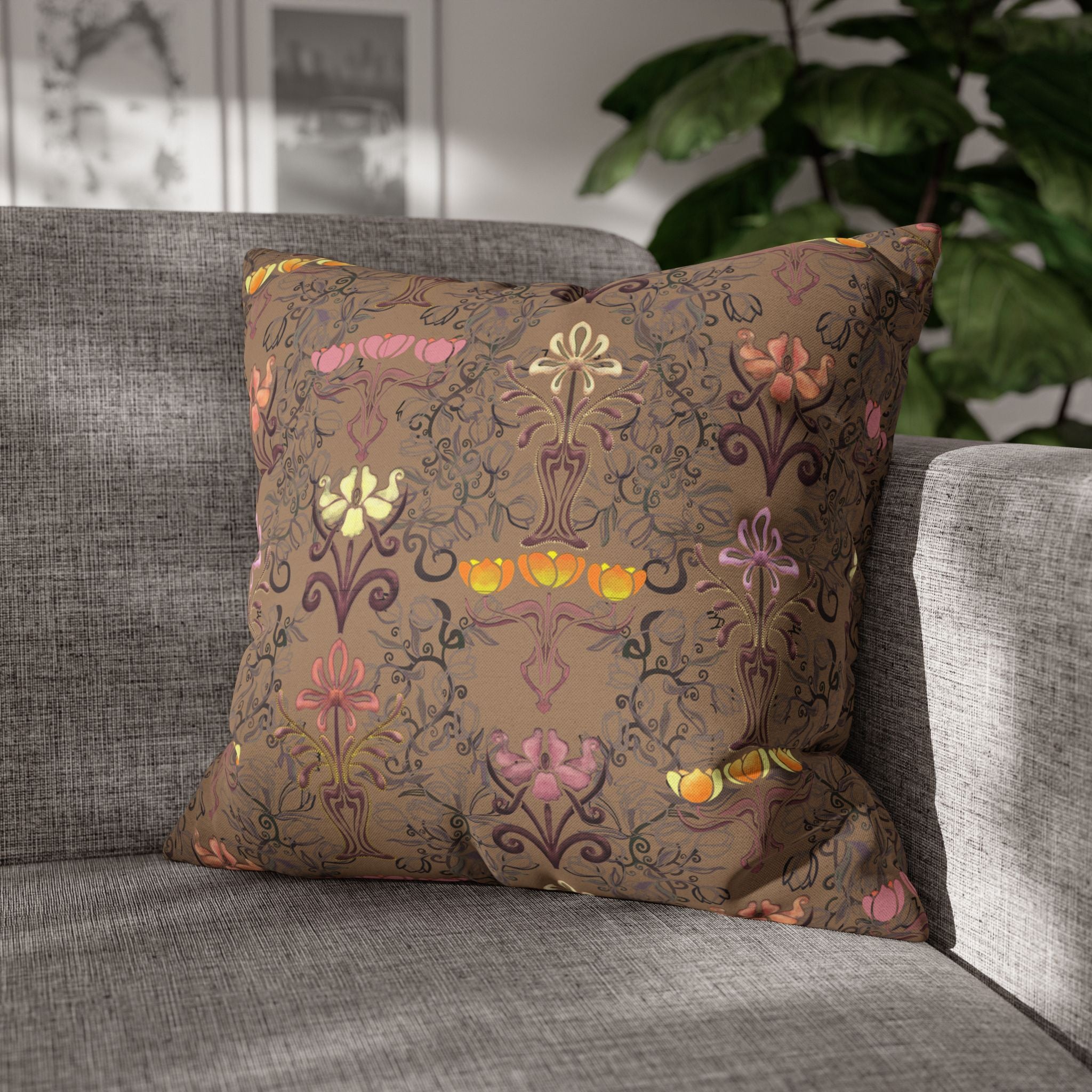 Warm Yellow Ornate Floral Tulips Decorative Square Pillowcase