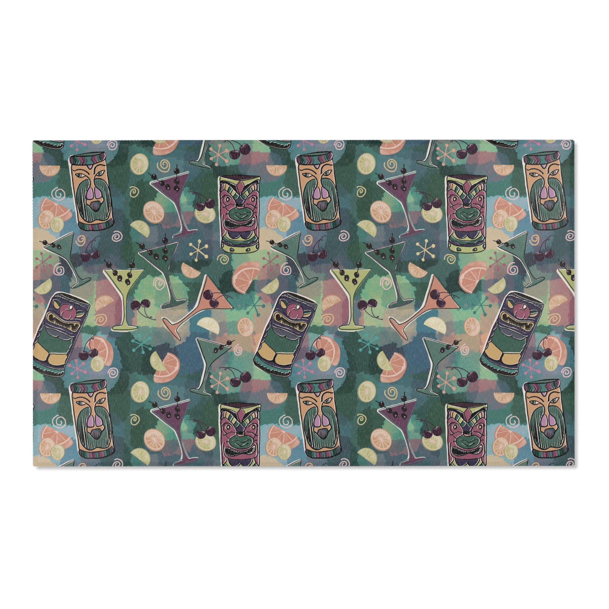Kitschy Tiki in Pine Green Area Rug — Distressed Ornamental Accent Rug for Living Room, She-Sheds & Man Caves