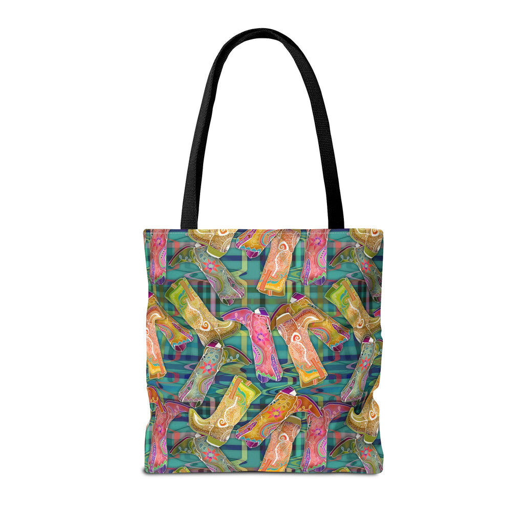 Lets Go Glamping Cowgirl Boots Boho Tote Bag — Green Multicolor All-Over Print